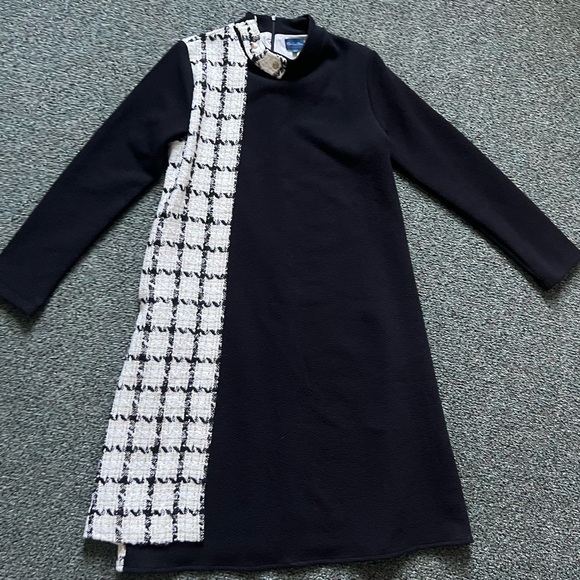 White Gold Tweed & Black Colorblock Mockneck Thick Modest Formal Pencil Dress S - Picture 8 of 16
